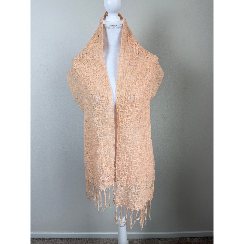 Echo Women Cotton Blend Scarf Peach Open Weave Waffle Knit Fringe Wrap OS